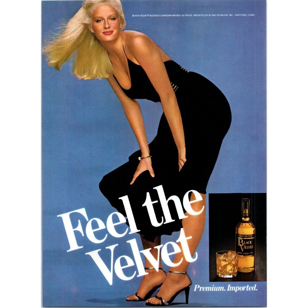 1981 Black Velvet Canadian Whisky Vintage Print Ad Blonde Black Dress Wall Art